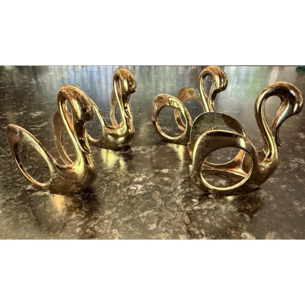 Vintage Set of 4 Gold Tone Brass Swan Napkin Rings Stylized MCM Decor